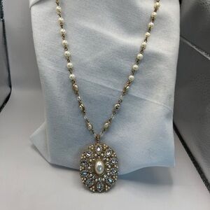 Nena Faux Pearl and Blue Rhinestone Pendant gold tone necklace